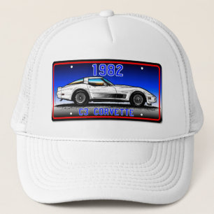 C3 1982 Corvette License Plate Art-Blue Background Trucker Hat