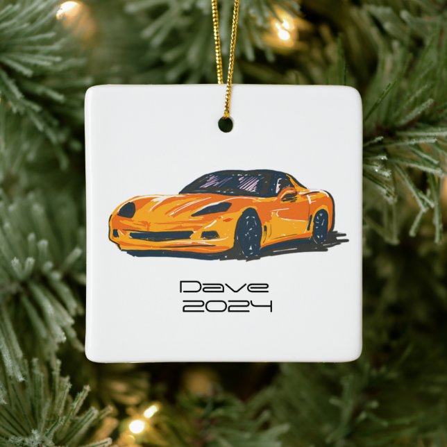 C6 Corvette Sports Car Orange Hand Drawn Sketch Ceramic Ornament (Tree)
