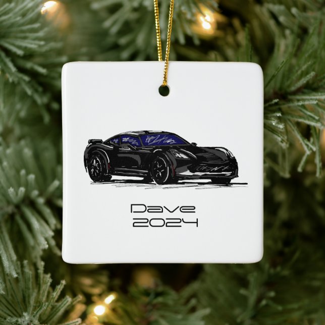 C7 Corvette Sports Car Black Hand Drawn Sketch Ceramic Ornament (Tree)