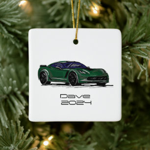 C7 Corvette Sports Car Green Hand Drawn Sketch Ceramic Ornament