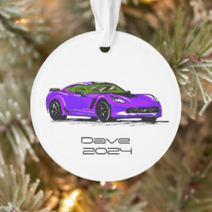 C7 Corvette Sports Car Purple Hand Drawn Sketch Ornament