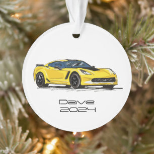 C7 Corvette Sports Car Yellow Hand Drawn Sketch Ornament
