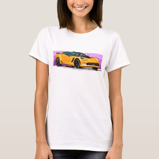 C7 Orange Corvette Sportscar with Pink Stripe T-Shirt (Front)