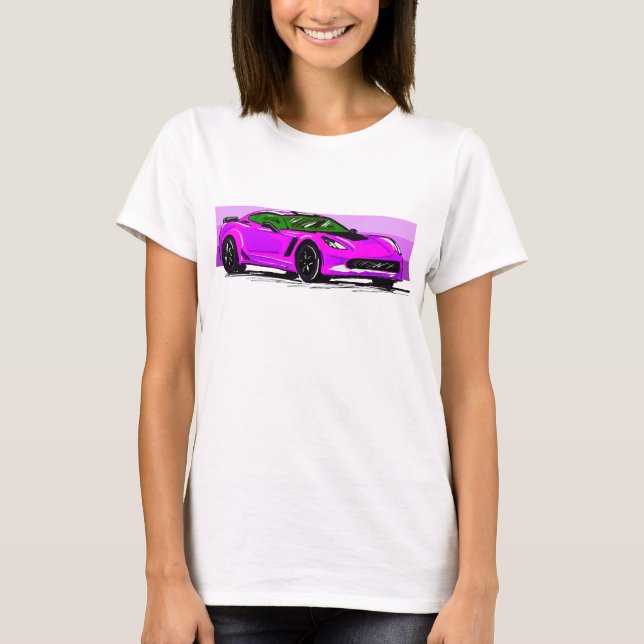 C7 Pink Corvette Sportscar with Pink Stripe T-Shirt (Front)