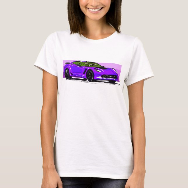 C7 Purple Corvette Sportscar with Pink Stripe T-Shirt (Front)