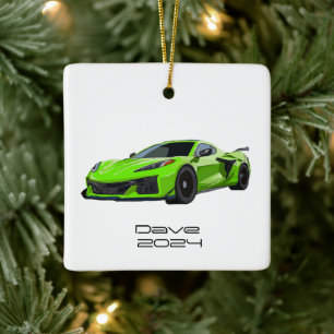 C8 Corvette Sports Car Lime Green Hand Drawn Ceramic Ornament