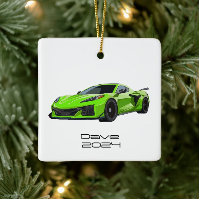 C8 Corvette Sports Car Lime Green Hand Drawn  Ceramic Ornament (Tree)