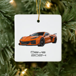 C8 Corvette Sports Car Orange Hand Drawn Ceramic Ornament
