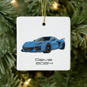 C8 Corvette Sports Car Rapid Blue Hand Drawn Ceramic Ornament