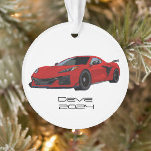 C8 Corvette Sports Car Torch Red Hand Drawn  Ornament