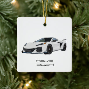 C8 Corvette Sports Car White Hand Drawn Ceramic Ornament