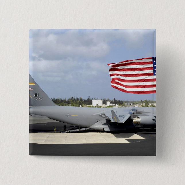 C-17 Globemaster III sits on the flightline 15 Cm Square Badge (Front)
