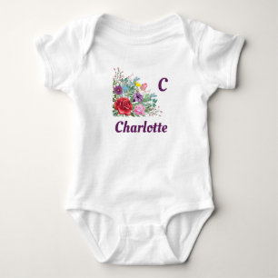 C Charlotte Personalise Letter Name, Rose Flowers Baby Bodysuit
