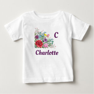 C Charlotte Personalise Letter Name, Rose Flowers Baby T-Shirt