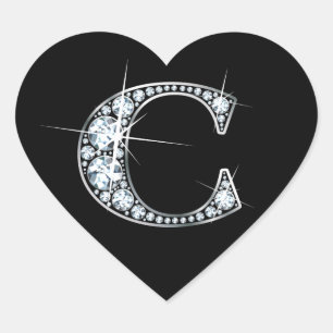 "C" Diamond Bling on Black Heart Sticker