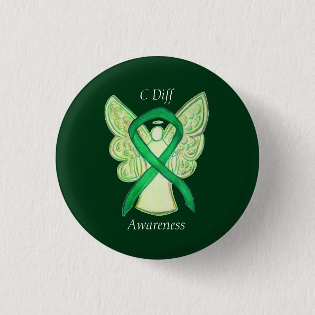C Diff Awareness Green Ribbon Angel Custom Pin (Front)