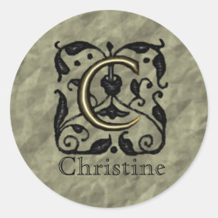 C - Embossed Vintage Monogram (Gold) Classic Round Sticker