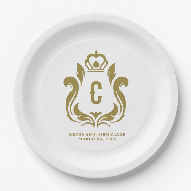 C Initial Gold Crest Monogrammed Paper Plate (Front)