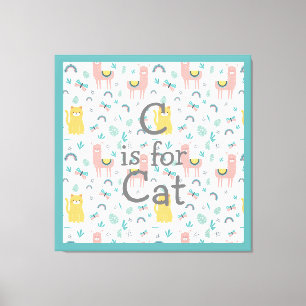 C is For Cat Boho Cute Alapaca Kitty Green Nursery Canvas Print
