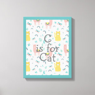 C is For Cat Green Trim  Boho Cute Alapaca Nursery Canvas Print