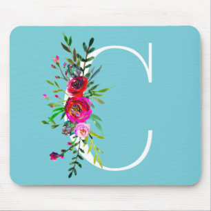 C Letter Initial Monogram Floral Custom Colour Mouse Mat