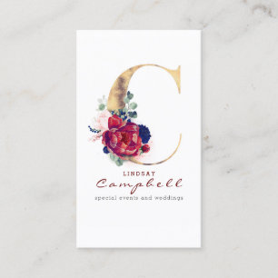 C Monogram Burgundy Gold and Navy Blue Floral Business Card