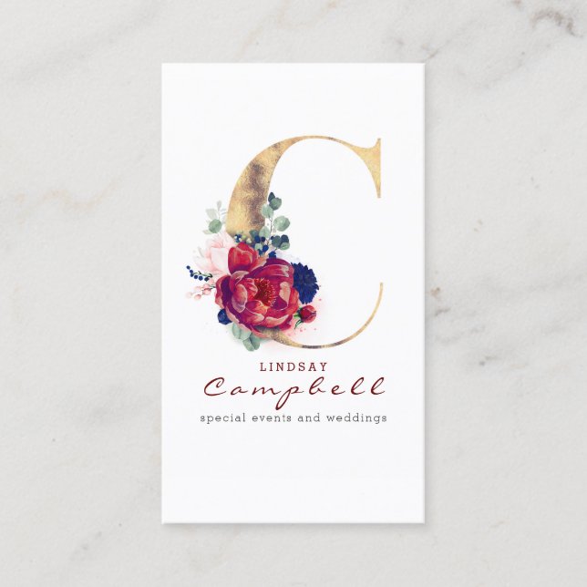 C Monogram Burgundy Gold and Navy Blue Floral Business Card (Front)