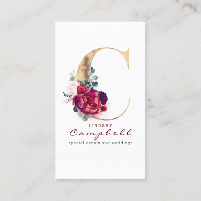 C Monogram Burgundy Red Flowers and Faux Gold Business Card (Front)