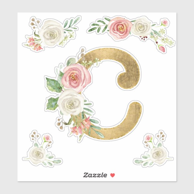 C Monogram Faux Gold Blush Rose Floral Watercolor (Sheet)