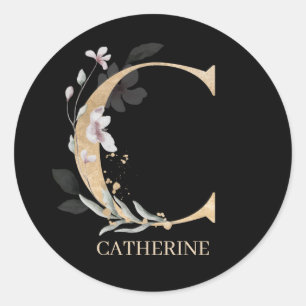 C Monogram Floral Personalised Classic Round Sticker