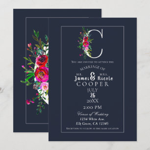 C Monogram Last Initial Modern Blue Floral Wedding Invitation