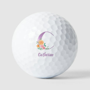 C Monogram Purple Floral Watercolor Personalised Golf Balls