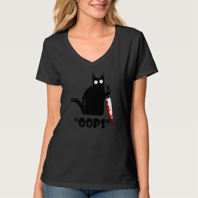 Ca Cat Oops Murderous Cat Black Cat With Knife T-Shirt (Front)