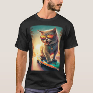 Ca Cat Skateboarding Laughing Beach Cool Cat T-Shirt