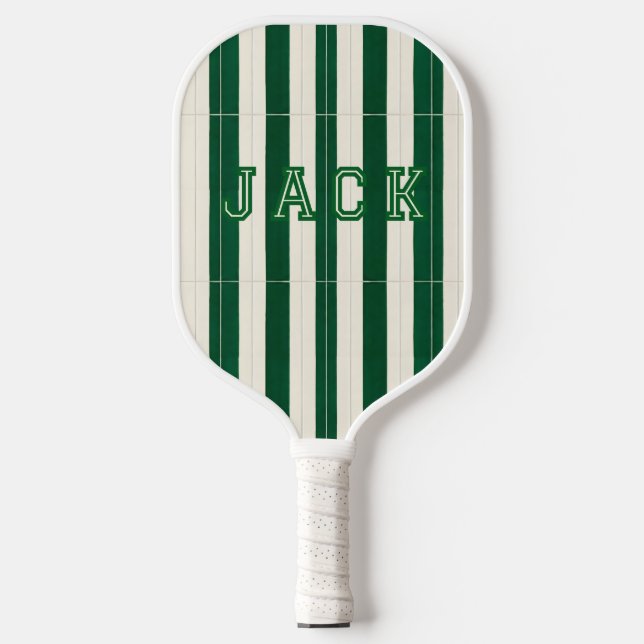 Cabana Green Stripe Monogram Preppy Pickleball Pad Paddle (Front)