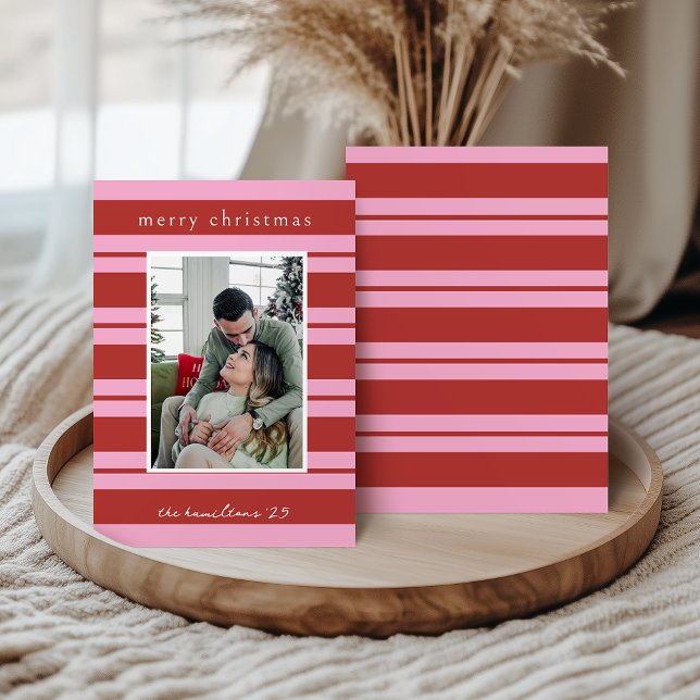 Cabana Pink and red Stripe Preppy Christmas card (Creator Uploaded)