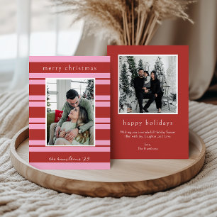Cabana Pink red Stripe Preppy photo Christmas card