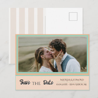 Cabana Preppy Stripe Peach Photo Save the Date Announcement Postcard