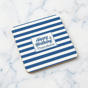 Cabana Stripe Anchor Birthday Coaster