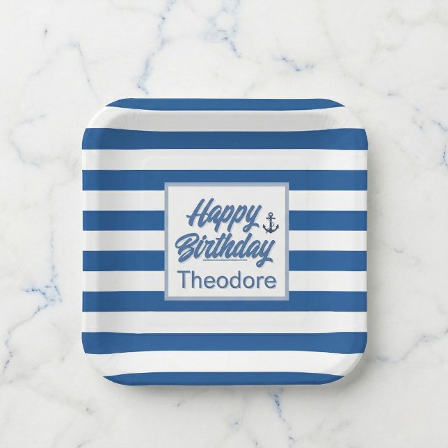 Cabana Stripe Anchor Birthday  Paper Plate (Cake service with main energy)
