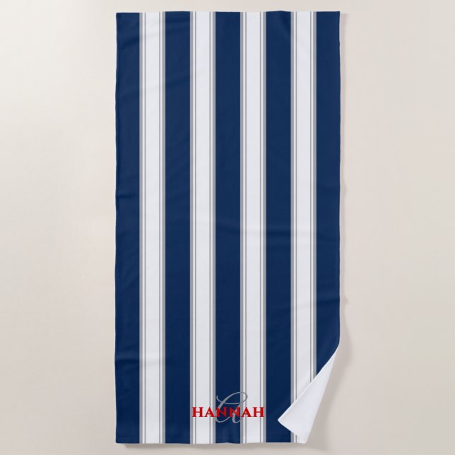 Cabana Stripe Monogram in Navy Blue Beach Towel (Front)