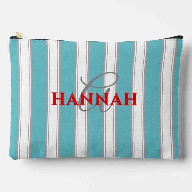 Cabana Stripe Monogram in Turquoise Blue Accessory Pouch (Front)