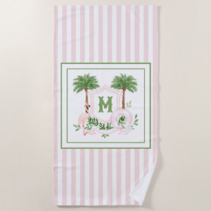 Cabana Stripes Palm Beach Monogram Crest Beach Towel