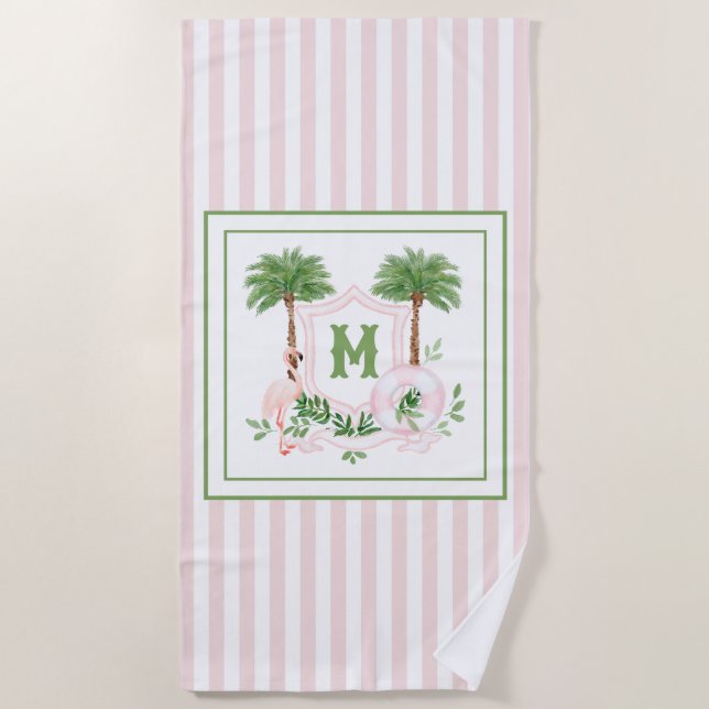 Cabana Stripes Palm Beach Monogram Crest Beach Towel (Front)