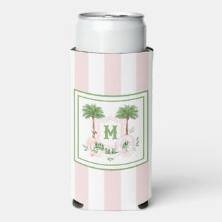 Cabana Stripes Palm Beach Monogram Crest Seltzer Can Cooler