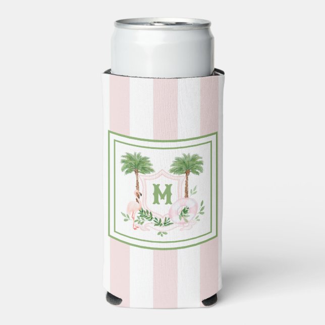 Cabana Stripes Palm Beach Monogram Crest Seltzer Can Cooler (Seltzer Front)