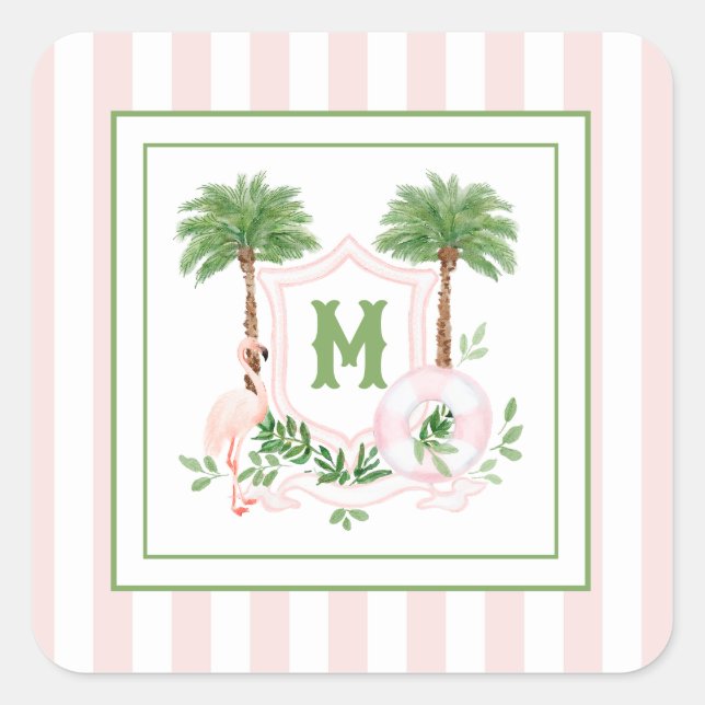 Cabana Stripes Palm Beach Monogram Crest Square Sticker (Front)