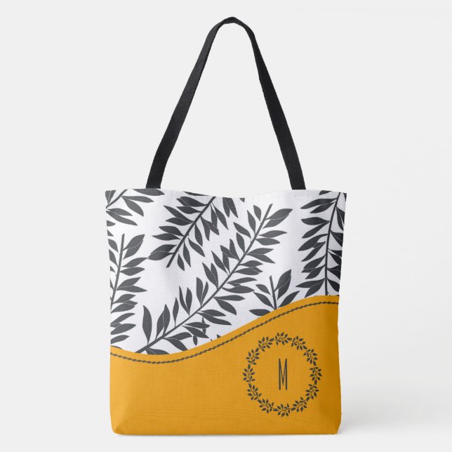 Cabana Theme in Charcoal and White with Yellow Tote Bag (Back)