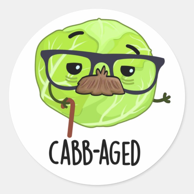 Cabb-aged Funny Old Veggie Cabbage Pun  Classic Round Sticker (Front)