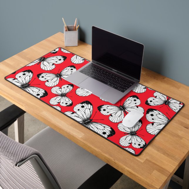 Cabbage butterfly pattern on red desk mat (Office 2)